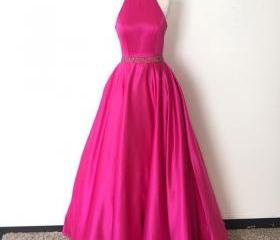 A Line Halter Satin Prom Dress with Slit LBQ1170