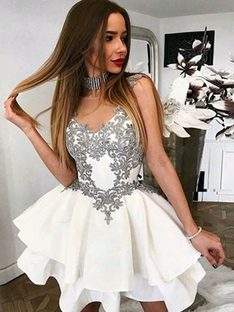 White Illusion Neckline A Line Lace Applique Layered Homecoming Dress