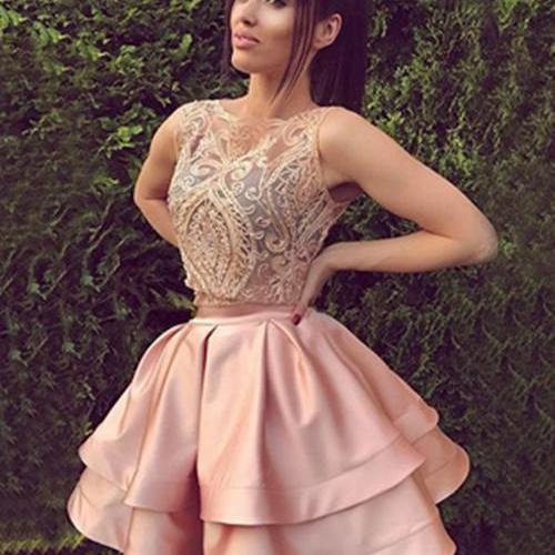 Floral Print Short Prom Dress Two Pieces V-neck Homecoming Dress OM280