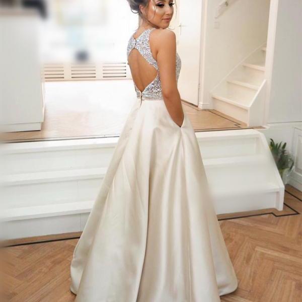 A-Line Backless O-Neck Prom Dresses,Long Prom Dresses,Cheap Prom ...