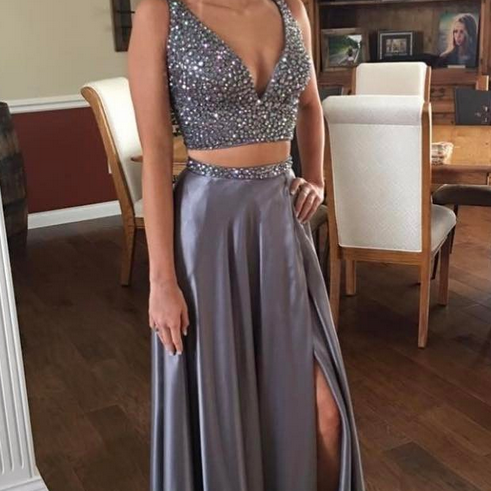 Two Pieces A Line Scoop Beading Satin Prom Dress LBQ3903 main image 1