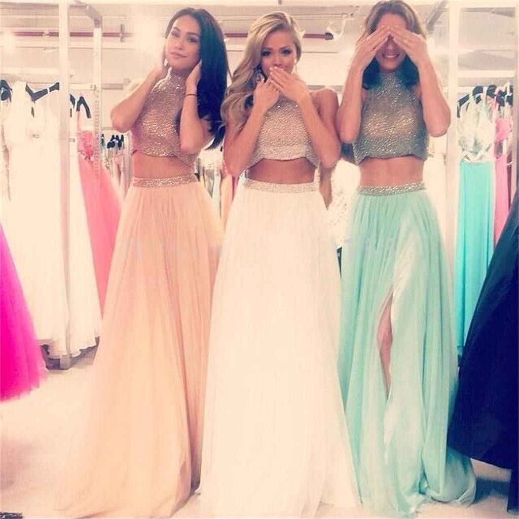 A Line High Neck Beading Satin Two Piece Prom Dresses LBQ3381